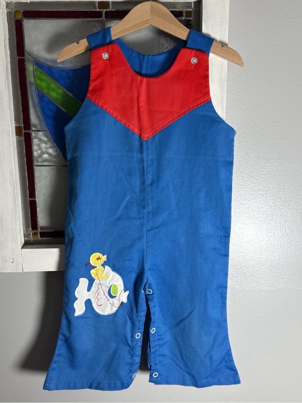 Vintage Toddler 2T/3T Handmade Blue & Red Romper Overalls with Fish Applique